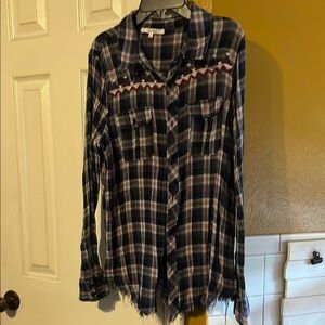 Plaid Button-Up Shirt with Embroidered Detail